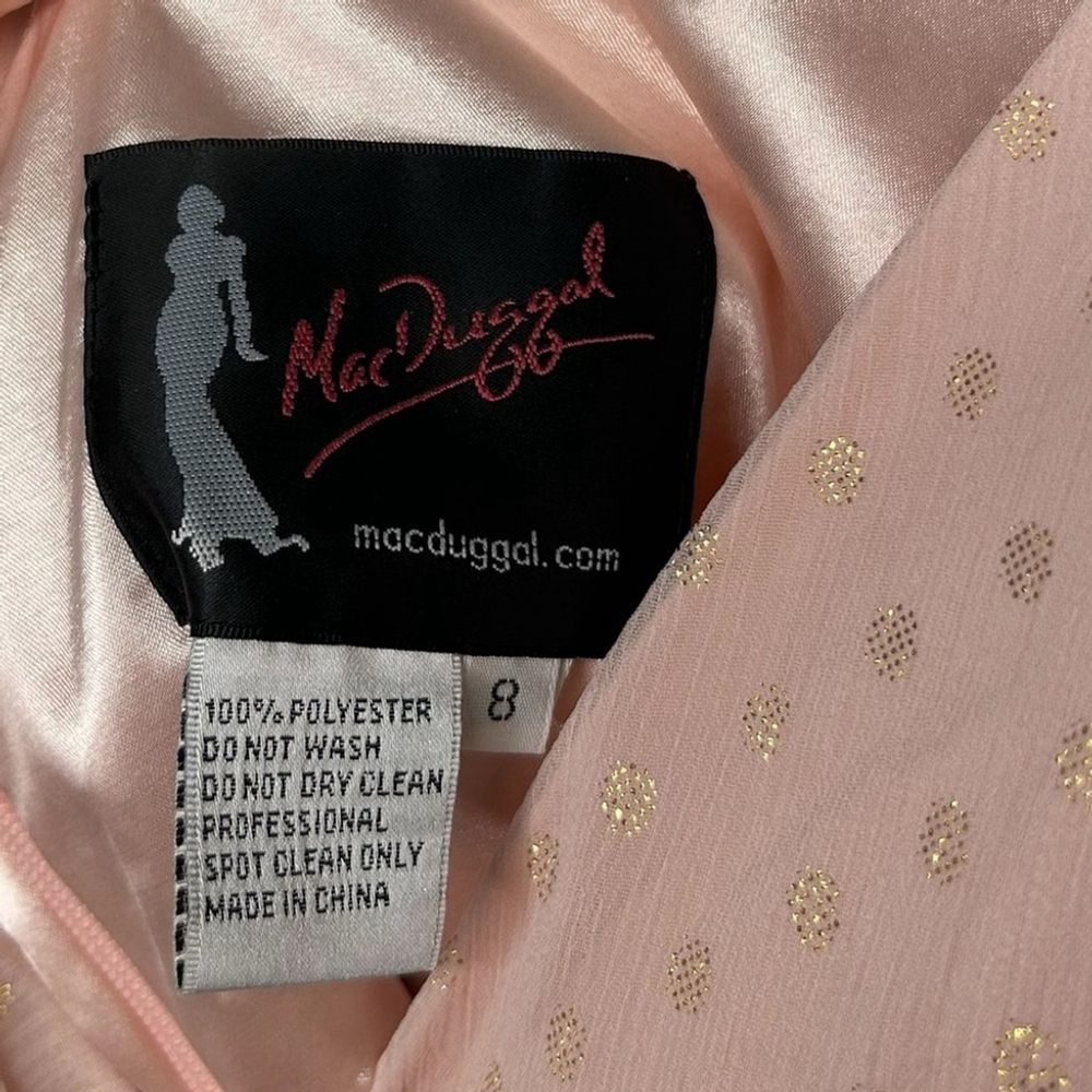 MAC DUGGAL Pink Salmon Polka Dot Asymmetrical Ruffle Formal Maxi Gown Size 8 - Picture 9 of 16